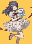 1girl absurdres alternate_costume blue_eyes blue_hair bow creature dress frilled_dress frills hair_bow high_heels highres hikari_(pokemon) holding holding_creature holding_pokemon long_hair open_mouth piplup pokemon pokemon_(creature) pokemon_(game) pokemon_bdsp puffy_sleeves red_bow red_footwear red_neckwear simple_background smile standing standing_on_one_leg white_dress white_footwear yellow_background yellow_bow zumochi 