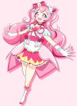  1girl :d blush choker commentary_request cure_precious delicious_party_precure earrings eyelashes guchi_red hair_ornament hair_ribbon happy highres jewelry long_hair magical_girl nagomi_yui pink_choker pink_hair pink_theme precure ribbon simple_background sketch smile solo violet_eyes 