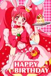  1girl :d animal_ears breasts cake choker collarbone commentary cure_whip dress english_text extra_ears eyebrows_visible_through_hair food frilled_dress frills gloves hair_ornament happy_birthday highres holding holding_plate kirakira_precure_a_la_mode magical_girl nagaigoz open_mouth pink_gloves plate precure puffy_short_sleeves puffy_sleeves rabbit_ears red_choker red_eyes redhead short_sleeves smile solo strawberry_shortcake twintails usami_ichika 
