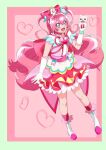  1girl :d blush choker commentary_request cure_precious delicious_party_precure earrings eyelashes hair_ornament hair_ribbon happy highres jewelry kakisaki_minami kome-kome_(precure) long_hair magical_girl nagomi_yui pink_choker pink_hair pink_theme precure ribbon simple_background sketch smile solo violet_eyes 