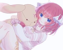  1girl bangs bare_legs blue_eyes blunt_bangs blush breasts butterfly_hair_ornament collarbone frills go-toubun_no_hanayome hair_ornament highres horizontal_stripes knees_up kometubusanjou large_breasts long_sleeves looking_at_viewer nakano_nino object_hug pajamas pink_hair pink_pajamas pout rabbit ribbon simple_background sparkling_eyes striped stuffed_animal stuffed_bunny stuffed_toy twintails v-shaped_eyebrows white_background white_ribbon 