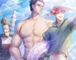  3boys black_hair collared_shirt earrings food fruit green_eyes innertube jean_pierre_polnareff jewelry jojo_no_kimyou_na_bouken kakyoin_noriaki kankito kujo_jotaro male_focus midriff multiple_boys muscular muscular_male one_eye_closed pink_hair redhead shading_eyes shirt stardust_crusaders topless_male violet_eyes watermelon 