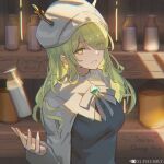  1girl antlers bangs bottle branch ceres_fauna chromatic_aberration dolphenry emerald_(gemstone) green_hair hololive hololive_english looking_at_viewer milk milk_bottle ribbon shelf shirt smile virtual_youtuber white_headwear yellow_eyes 