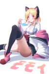  absurdres black_legwear blonde_hair blue_archive breasts cat_ear_headphones collarbone headphones highres jacket looking_at_viewer momoi_(blue_archive) open_mouth panties pantyshot red_eyes school_uniform shorts simple_background small_breasts tetori_(tetolisto) thigh-highs underwear white_background 