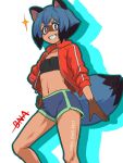  1girl animal_ears awa blue_hair body_fur brand_new_animal breasts furry furry_female jacket kagemori_michiru looking_at_viewer multicolored_hair raccoon_ears raccoon_girl raccoon_tail red_jacket short_hair shorts simple_background smile solo tail white_background 