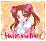  1girl artist_name bangs bow brown_eyes brown_hair commentary english_text flower fur_scarf girls_und_panzer hair_bow hair_flower hair_ornament happy_new_year japanese_clothes kadotani_anzu kimono kuromori_yako long_hair long_sleeves new_year obi open_mouth parted_bangs pink_kimono purple_bow sash smile solo twintails 