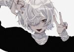  1boy absurdres blindfold ear_piercing grey_hair highres long_sleeves looking_at_viewer male_focus mole mole_under_mouth nail_polish original pale_skin piercing red_eyes red_nails ribbon_akai tongue tongue_out white_hair 