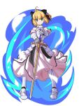  1girl armor armored_dress artoria_pendragon_(all) black_bow blonde_hair blue_sky bow breastplate caliburn dress elnido_koles eyebrows_visible_through_hair fate/grand_order fate/unlimited_codes fate_(series) faulds floating_hair gauntlets green_eyes hair_between_eyes hair_bow hands_on_hilt highres long_hair looking_at_viewer outdoors petals ponytail saber_lily signature sleeveless sleeveless_dress smile solo standing white_dress 
