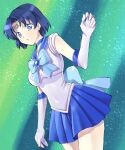  1girl ayamotomato back_bow bangs bishoujo_senshi_sailor_moon blue_bow blue_choker blue_eyes blue_hair blue_sailor_collar blue_skirt bob_cut bow choker commentary_request earrings elbow_gloves from_side gloves hand_on_own_arm highres jewelry leotard looking_at_viewer magical_girl miniskirt mizuno_ami oyaman pleated_skirt sailor_collar sailor_mercury sailor_senshi_uniform short_hair skirt sleeveless smile solo standing stud_earrings tiara white_gloves white_leotard 