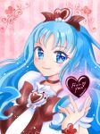  1girl bangs blue_eyes blue_hair blush bow bowtie brown_bow brown_bowtie brown_choker choker closed_mouth cure_marine eyebrows_visible_through_hair eyelashes hair_ornament heart heart_hair_ornament heartcatch_precure! highres long_hair looking_at_viewer manekineko5319 pink_background precure shiny shiny_hair sketch smile solo striped striped_background upper_body very_long_hair 
