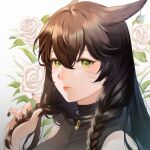  1girl animal_ears avatar_(ff14) black_shirt braid brown_hair brown_nails cat_ears choker closed_mouth commentary covered_collarbone dated_commentary earrings facial_mark final_fantasy final_fantasy_xiv flower green_eyes hand_up jewelry let_o0 lips long_hair looking_at_viewer miqo&#039;te rose shirt sleeveless sleeveless_shirt solo twin_braids upper_body whisker_markings white_flower white_rose 