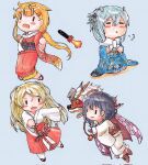  4girls :o =3 bangs black_gloves black_hair blonde_hair blue_hair blush chibi commentary_request conte_di_cavour_(kancolle) cup floral_print fur_collar gloves grey_background hair_flaps hair_ribbon hakama headgear highres holding holding_cup i-203_(kancolle) japanese_clothes kantai_collection kimono lion_dance long_hair miko multiple_girls nagato_(kancolle) official_alternate_costume open_mouth parted_lips poipoi_purin red_hakama remodel_(kantai_collection) ribbon scarf shishimai simple_background smile white_gloves white_scarf wide_sleeves yuudachi_(kancolle) 