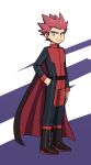  1boy aya_(ryou0327) belt black_belt black_cape black_footwear boots cape closed_mouth commentary_request full_body hand_on_hip jacket lance_(pokemon) long_sleeves looking_at_viewer male_focus pants pokemon pokemon_(game) pokemon_frlg redhead short_hair smile solo spiky_hair standing two-tone_background 