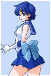  1girl back_bow bangs bishoujo_senshi_sailor_moon blue_bow blue_choker blue_eyes blue_hair blue_sailor_collar blue_skirt bob_cut bow choker commentary_request earrings elbow_gloves from_side gloves hand_on_own_arm highres jewelry leotard looking_at_viewer magical_girl miniskirt mizuno_ami oyaman pleated_skirt sailor_collar sailor_mercury sailor_senshi_uniform short_hair skirt sleeveless smile solo standing stud_earrings tiara white_gloves white_leotard zemmatte 