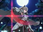  1girl armor armpits bangs black_bow black_pants bow breastplate cape closed_mouth detached_sleeves eydis_(sao) faulds floating_hair frown full_moon game_cg grey_cape grey_hair grey_sleeves hair_between_eyes hair_bow holding holding_sword holding_weapon long_hair long_sleeves moon night outdoors pants red_eyes solo standing sword sword_art_online sword_art_online:_alicization_rising_steel weapon 