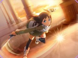  1girl armor black_legwear blue_eyes breastplate brown_hair brown_shirt brown_skirt closed_mouth floating_hair frown game_cg holding holding_sword holding_weapon lens_flare long_hair long_sleeves miniskirt pleated_skirt ronye_arabel running shirt skirt solo sword sword_art_online sword_art_online:_alicization_rising_steel thigh-highs twintails weapon zettai_ryouiki 