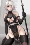  1girl alternate_costume android arm_support black_gloves black_legwear breasts covered_nipples elbow_gloves gloves hair_over_one_eye holding holding_sword holding_weapon joints lainart mole mole_under_mouth nier_(series) nier_automata pelvic_curtain robot_joints short_hair sideboob solo sword thigh-highs weapon white_hair yorha_type_a_no._2 
