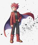  1boy aya_(ryou0327) belt belt_buckle black_eyes black_pants black_shirt boots buckle cape closed_mouth commentary_request floating_cape full_body hand_on_hip jacket lance_(pokemon) male_focus open_clothes open_jacket pants pokemon pokemon_(game) pokemon_rgby red_cape red_footwear red_jacket redhead shirt short_hair smile spiky_hair standing white_background 