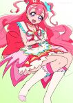  1girl :d blush bohstick choker commentary_request cure_precious delicious_party_precure earrings eyelashes hair_ornament hair_ribbon happy highres jewelry long_hair magical_girl nagomi_yui pink_choker pink_hair pink_theme precure purple_eyes ribbon simple_background sketch smile solo 