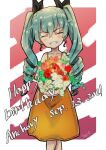  1girl anchovy_(girls_und_panzer) artist_name bangs birthday black_ribbon bouquet casual character_name commentary crossed_legs dated dress drill_hair english_text eyebrows_visible_through_hair facing_viewer girls_und_panzer green_hair grin hair_ribbon happy_birthday highres holding holding_bouquet kuroneko_douji long_hair orange_dress ribbon signature smile solo spaghetti_strap standing sundress twin_drills twintails 