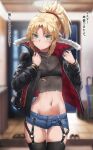  1girl bangs blonde_hair blush braid breasts commentary_request cutoffs fate/apocrypha fate_(series) french_braid green_eyes hair_ornament hair_scrunchie highres long_hair long_sleeves looking_at_viewer mordred_(fate) mordred_(fate/apocrypha) parted_bangs ponytail revision ribs scrunchie sidelocks small_breasts solo tonee translation_request 