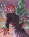  2boys earrings emerald_(gemstone) gakuran hierophant_green jewelry jojo_no_kimyou_na_bouken kakyoin_noriaki kankito long_coat male_focus multiple_boys redhead school_uniform stand_(jojo) stardust_crusaders tentacles violet_eyes 