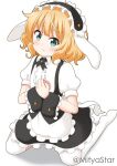  1girl animal_ears apron bangs black_hairband black_skirt blonde_hair blush center_frills closed_mouth collared_shirt commentary_request eyebrows_visible_through_hair fake_animal_ears fleur_de_lapin_uniform floppy_ears frilled_apron frilled_hairband frilled_skirt frills full_body gochuumon_wa_usagi_desu_ka? green_eyes hairband kirima_sharo kneeling looking_at_viewer mitya own_hands_together puffy_short_sleeves puffy_sleeves rabbit_ears shadow shirt short_sleeves skirt solo thigh-highs twitter_username uniform waist_apron waitress white_apron white_background white_legwear white_shirt wrist_cuffs 