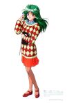  1990s_(style) 1girl argyle argyle_sweater asou_kasumi brown_eyes brown_legwear copyright_name eyebrows_visible_through_hair full_body green_hair highres holding holding_notebook holding_pointer kokura_masashi long_hair long_sleeves mary_janes notebook official_art page_number pantyhose pointer red_footwear red_skirt retro_artstyle shoes simple_background skirt smile solo standing sweater tokimeki_memorial tokimeki_memorial_2 white_background 