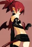  1girl back bangle bare_shoulders black_choker black_gloves black_skirt bracelet choker cowboy_shot demon_girl demon_tail demon_wings disgaea earrings elbow_gloves etna flat_chest from_behind gloves harada_takehito highres jewelry looking_at_viewer looking_back makai_senki_disgaea miniskirt non-web_source official_art pointy_ears profile red_eyes red_wings redhead scan short_twintails shoulder_blades simple_background skirt skull_earrings solo strapless tail thigh-highs tube_top twintails wings 