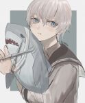  1boy bandages blue_eyes highres kuleha_s looking_afar male_focus object_hug original piercing scissors shark stuffed_toy white_hair 