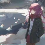  1girl bangs bird chromatic_aberration clouds cloudy_sky coat dolphenry hawk heterochromia hololive hololive_english horns irys_(hololive) jacket looking_at_viewer mountain pink_hair pond scarf sky smile snow swan sweater v-neck virtual_youtuber 