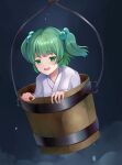 1girl absurdres blush bucket eyebrows_visible_through_hair green_eyes green_hair hair_bobbles hair_ornament highres in_bucket in_container japanese_clothes kimono kisume koizumo long_sleeves open_mouth short_hair smile solo teeth touhou twintails upper_teeth white_kimono wide_sleeves 