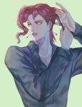  1boy alternate_costume combing dress_shirt earrings green_background grey_shirt haircomb jewelry jojo_no_kimyou_na_bouken kakyoin_noriaki kankito male_focus pink_hair redhead shirt solo stardust_crusaders violet_eyes 