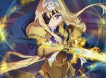  1girl alice_schuberg armor armored_dress blonde_hair blue_eyes breastplate eyebrows_visible_through_hair gauntlets hair_between_eyes long_hair looking_at_viewer shoulder_armor simple_background solo sword sword_art_online tuedus weapon 