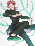  1boy floating gakuran green_eyes hierophant_green jojo_no_kimyou_na_bouken kakyoin_noriaki kankito long_coat male_focus pink_hair redhead school_uniform solo stand_(jojo) stardust_crusaders tentacles 