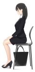  1girl ama_mitsuki bare_legs black_bag black_footwear black_hair black_jacket black_skirt closed_eyes closed_mouth collared_shirt commentary_request from_side full_body hands_on_lap hands_on_own_legs high_heels highres jacket long_hair long_sleeves office_lady on_chair original pencil_skirt ponytail profile shirt simple_background sitting skirt solo suit_jacket white_background 