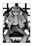  1boy armchair chair child coat commentary_request evil_eyes evil_grin evil_smile greyscale grin highres indoors looking_at_viewer male_focus monochrome original pants shigeru_(shounen_zoom) shirt short_hair sitting smile spread_legs teeth white_shirt window wrinkled_fabric 