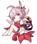  1girl ai_xiao_meng bangs barefoot chibi chinese_clothes closed_mouth full_body hair_ornament highres honkai_(series) honkai_impact_3rd jingwei&#039;s_wings long_sleeves looking_at_viewer looking_to_the_side red_eyes short_hair simple_background smile solo white_background white_hair 