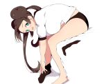  1girl :d barefoot bent_over black_buruma black_legwear blue_eyes breasts brown_hair buruma commentary_request double_bun gym_uniform hanging_breasts large_breasts long_hair looking_at_viewer looking_to_the_side open_mouth pokemon pokemon_(game) pokemon_bw2 reaching_out removing_sock rosa_(pokemon) shirt short_sleeves single_sock sitting smile socks solo tottotonero twintails undressing white_background white_shirt 