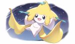  :d border commentary_request full_body green_eyes happy highres jirachi naoki_eguchi no_humans open_mouth outstretched_arms pokemon pokemon_(creature) smile solo tongue white_border 