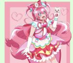  1girl :d blush choker commentary_request cure_precious delicious_party_precure earrings eyelashes hair_ornament hair_ribbon happy highres jewelry kakisaki_minami kome-kome_(precure) long_hair magical_girl nagomi_yui pink_choker pink_hair pink_theme precure ribbon simple_background sketch smile solo violet_eyes 