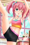  1girl absurdres alternative_girls aqua_eyes armpits bare_arms bare_legs black_shorts candy eyebrows_visible_through_hair flower food highres indoors looking_at_viewer mano_sakurako official_art one_eye_closed open_mouth pink_hair pink_sports_bra shorts solo sports_bra sportswear sweat twintails white_flower window 