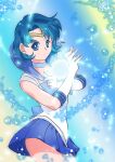  1girl back_bow bangs bishoujo_senshi_sailor_moon blue_bow blue_choker blue_eyes blue_hair blue_sailor_collar blue_skirt bob_cut bow chickuwabu choker commentary_request earrings elbow_gloves from_side gloves hand_on_own_arm highres jewelry leotard looking_at_viewer magical_girl miniskirt mizuno_ami oyaman pleated_skirt sailor_collar sailor_mercury sailor_senshi_uniform short_hair skirt sleeveless smile solo standing stud_earrings tiara white_gloves white_leotard 