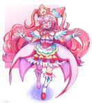  1girl :d blush choker commentary_request cure_precious delicious_party_precure earrings eyelashes hair_ornament hair_ribbon happy highres jewelry long_hair magical_girl nagomi_yui open_mouth pink_choker pink_hair pink_theme precure purple_eyes ribbon simple_background sketch smile solo taishou_teikoku 