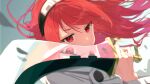  1girl absurdres bangs blurry blurry_background blurry_foreground commentary depth_of_field eris_greyrat eyebrows_visible_through_hair floating_hair hairband highres holding holding_weapon kounaien_(comic1217) long_hair looking_at_viewer mushoku_tensei no_mouth red_eyes redhead reflection serious solo sunlight swept_bangs upper_body v-shaped_eyebrows weapon 