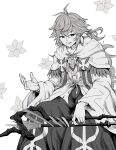 1boy bangs collarbone commentary_request eyebrows_visible_through_hair fate/grand_order fate_(series) flower_(symbol) greyscale grin hair_between_eyes highres holding holding_staff hood hoodie kusama_takato long_hair long_sleeves looking_at_viewer male_focus merlin_(fate) monochrome sidelocks sitting smile solo staff v-shaped_eyebrows wide_sleeves 