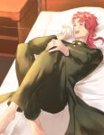  1boy ^_^ barefoot blush closed_eyes earrings gakuran jewelry jojo_no_kimyou_na_bouken kakyoin_noriaki kankito laughing long_coat long_hair lying male_focus on_back on_bed redhead school_uniform shoes shoes_removed solo stardust_crusaders string_phone 