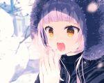  1girl :o bangs blunt_bangs blurry blurry_background breath close-up cold commentary depth_of_field eyebrows_visible_through_hair fur_trim highres hololive kounaien_(comic1217) light_blush murasaki_shion open_mouth orange_eyes own_hands_together purple_hair snow snowing solo standing tree upper_body virtual_youtuber winter 