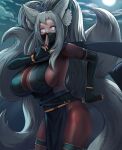  1girl absurdres animal_ear_fluff animal_ears asagiri_(coc2) big_hair black_gloves bodystocking breasts corruption_of_champions corruption_of_champions_2 cowboy_shot ehrrr elbow_gloves finger_to_mouth fingerless_gloves fox_ears fox_tail full_moon gloves grey_hair hand_up highres holding holding_sword holding_weapon huge_breasts katana looking_at_viewer mask moon mouth_mask multiple_tails night ninja ninja_mask outdoors pelvic_curtain ponytail shushing slit_pupils solo sword tail thigh_strap violet_eyes weapon 