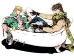  2boys bathtub battle_tendency blonde_hair brown_hair bubble bubble_blowing caesar_anthonio_zeppeli denim facial_mark feather_hair_ornament feathers fingerless_gloves gloves green_eyes green_jacket green_scarf hair_ornament headband jacket jeans jojo_no_kimyou_na_bouken joseph_joestar joseph_joestar_(young) knee_pads male_focus multicolored_clothes multicolored_scarf multiple_boys pants pointing sashiyu scarf shared_bathing striped striped_scarf yellow_scarf 